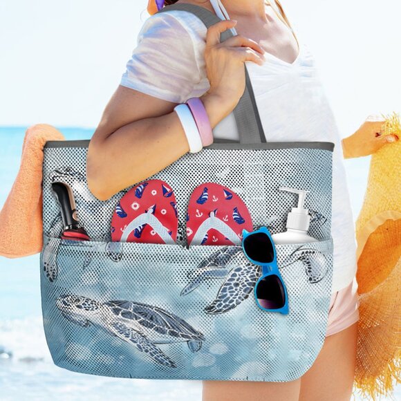 New Extra Large 3 Sea Turtle Scene 7 Pocket Mesh Sand-Proof Beach Bag - Picture 2 of 5